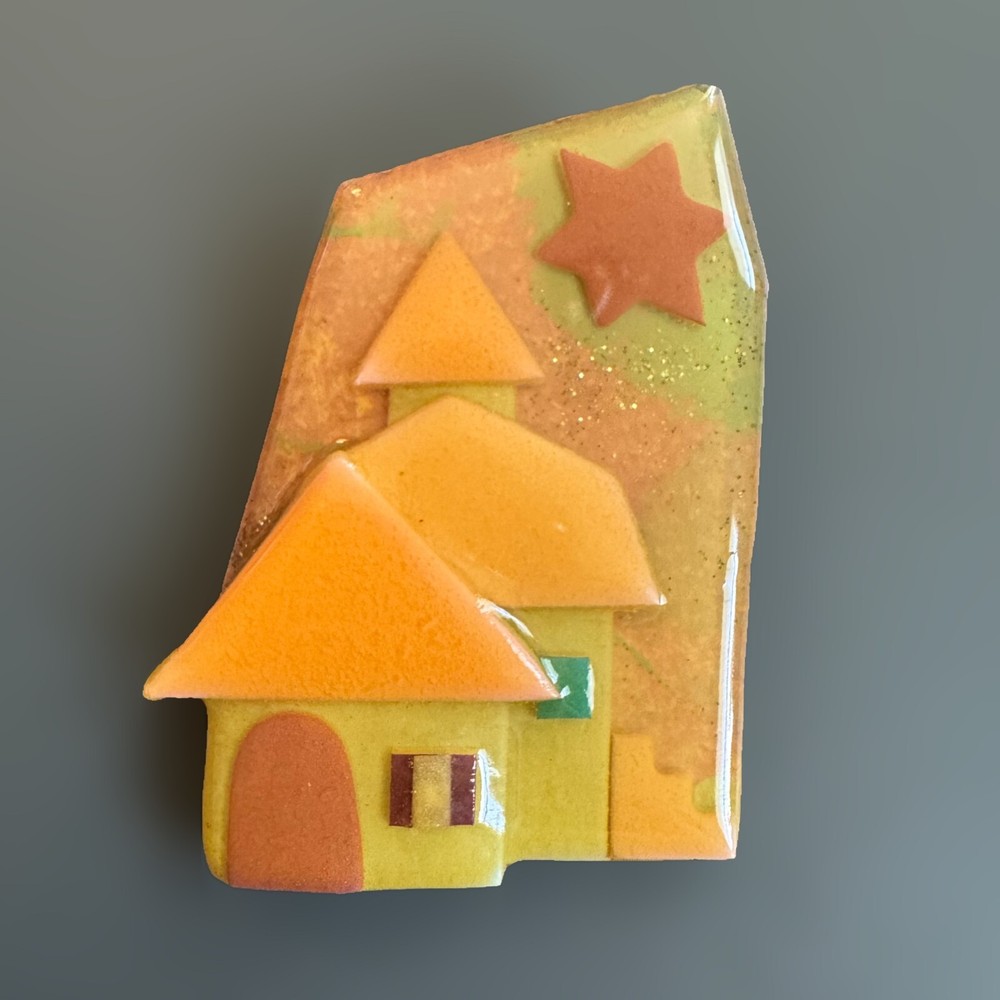 House Pins by Lucinda Brooch 3D Artisan Kitsch Glitter Orange Green Homes Star