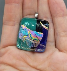 Colorful Blue Green Pink Dichroic Glass Square Silver Tone Pendant CP1