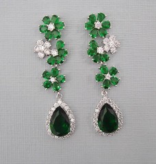 Elegant Green Flower Drop Earrings with Emerald CZ Teardrops.