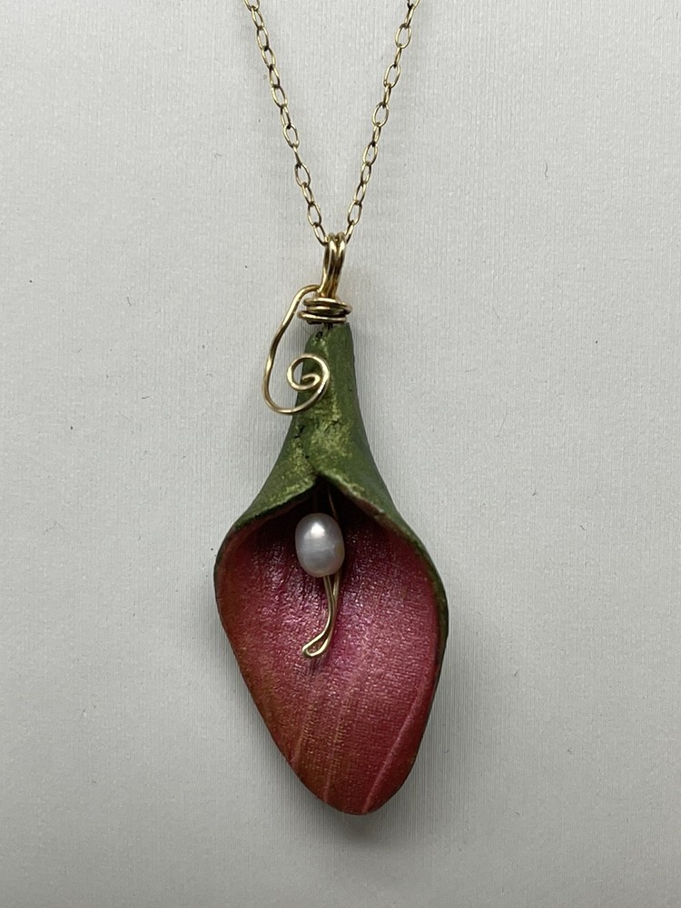 HANDMADE “Sylvan Spirit” Calla Lily Pendant with Freshwater Pearl, Gold Filled