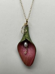 HANDMADE “Sylvan Spirit” Calla Lily Pendant with Freshwater Pearl, Gold Filled