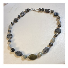 Handcrafted Jewelry Set Necklace Earrings Gray Green Stone Beaded Women