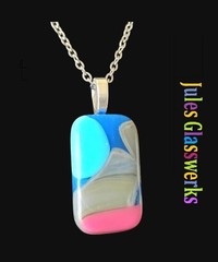 Hand Crafted Fused Glass Pendant Necklace W/ Chain #2023 blue gray pink