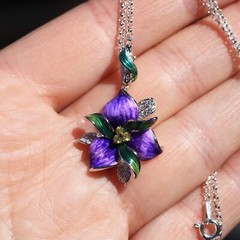 Purple Orchid Flower Enamel Pendant Sterling Silver 925 , 14th Anniversary