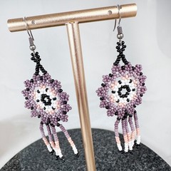 Handmade Mandala Seed Bead Dangle Earrings Purple Black White Peach Boho 2.75″