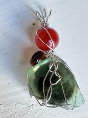 Art Glass Pendant Hand Painted Cabochon, OOAK Wire Wrapped Handmade 4226 Y