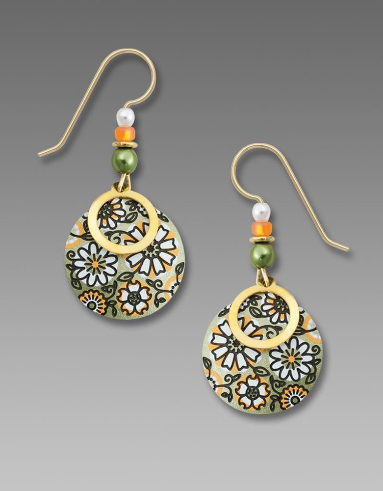 Adajio Earrings Soft Olive and Apricot Retro Floral Disc with Gold Plated Circle
