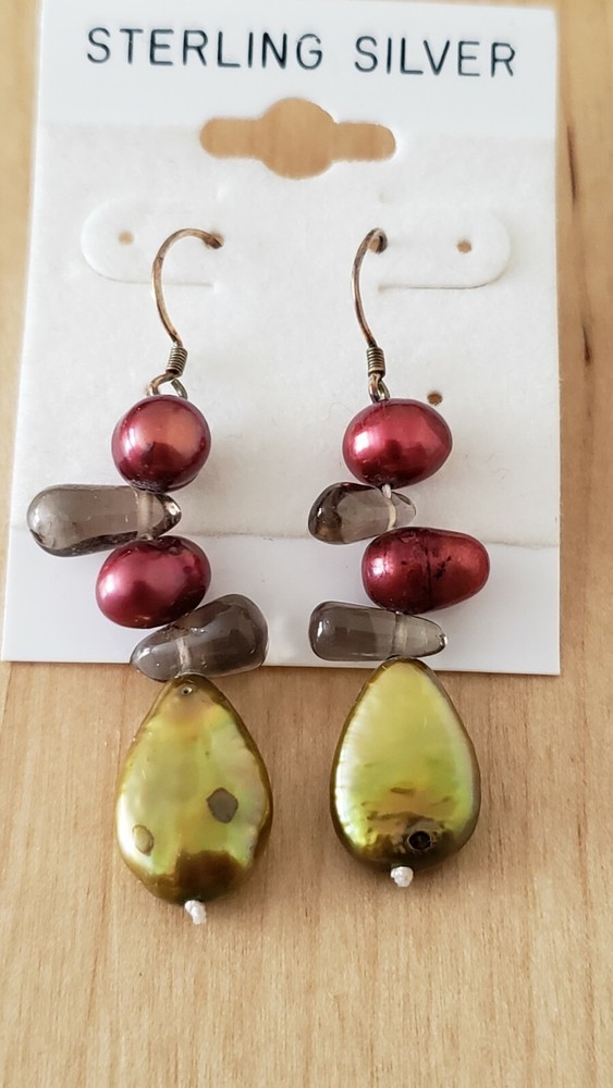 Genuine PEARL& STONE Earrings, 1.75″ long, 925 Sterling SILVER, Hand Made in USA