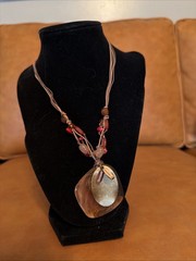 Handcrafted Bohemian Pendant Necklace, Cord & Metal, Brown Gold Red Beads G