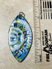 Artisan Enameled Copper Pendant Blue Green White with raised balls Surfer