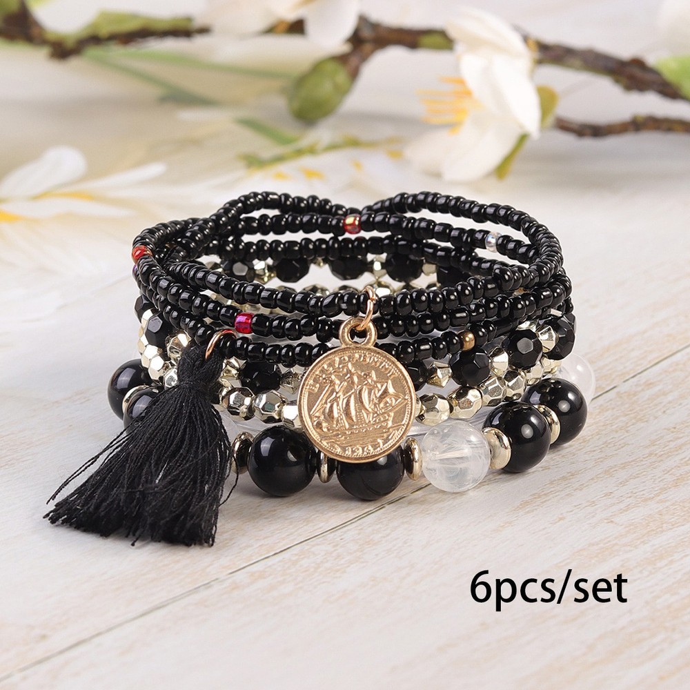 Boho Stackable Beaded Bracelets Set For Women Multilayer Tassel Coin Charm Boho