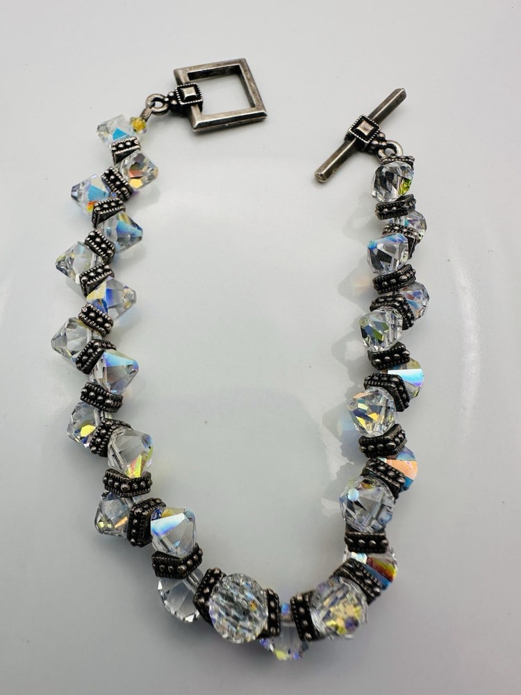 Handmade Clear Aurora Glass Bead Toggle Bracelet 6.75”
