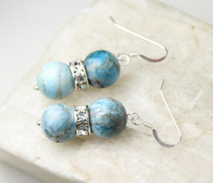 Apatite Blue 10mm Ball Gemstone & Rhinestone 925 Sterling Silver Earrings 1 1/2″