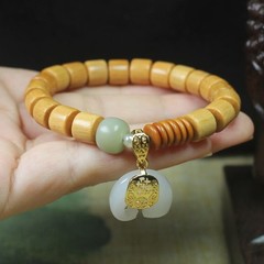 8mm Sandalwood Bead Bracelet with White Jade Elephant Design Meditation Beads