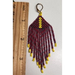 Maroon Yellow Seed Bead Fringe Earrings Chevron Boho Drop.