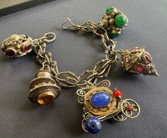 ANTIQUE ETRUSCAN REVIVAL CHARM BRACELET GYPSY 800 SILVER GLASS GEMSTONES 63g