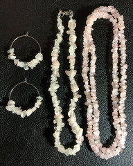 Natural Pink Rose Quartz Chip Nugget Gemstone Strand Necklace +Earrings Set 6144