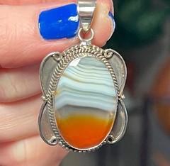 Southwestern JBH Signed Sterling Silver Faceted Banded Agate Necklace Pendant