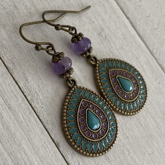 Min Favorit Colorful Enamel Pendant & Amethyst Brass Artisan Boho Earrings