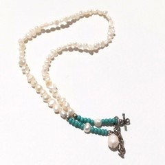 White Freshwater Pearl and Turquoise Beaded Necklace Mermaid Charm