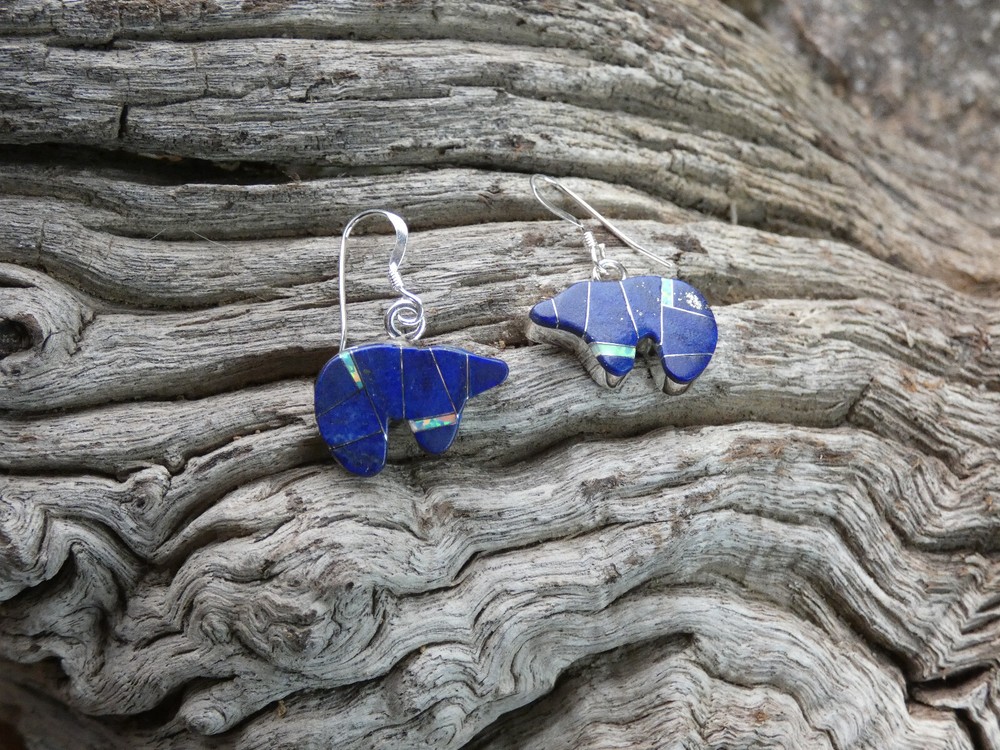 Lapis & White Opal Indian Inspired Bear Southwest Sterling Silver Earrings E63