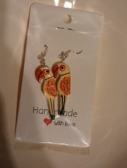 Hand Carved Wooden Parrot Earrings Beige, Orange, Green 3D