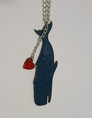 White Enameled Copper Whale Pendant Necklace 18” Silver Tone Chain Red Heart