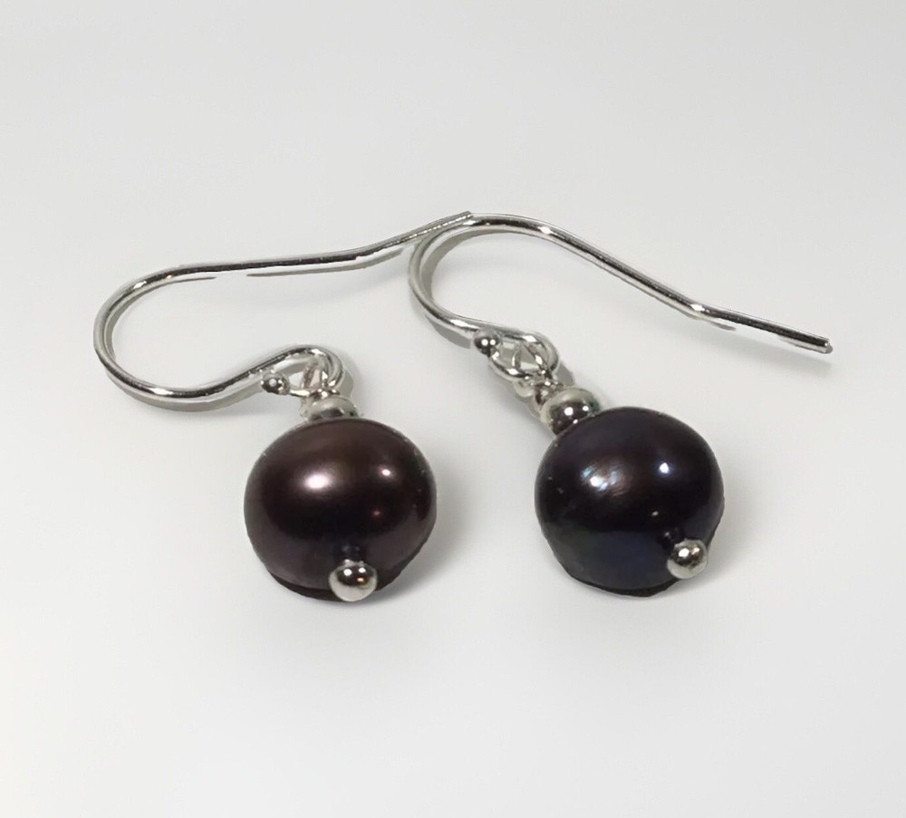Artisan Purple-Black CULTURED PEARL .925 Sterling Silver Drop Hook Earrings 1.6g