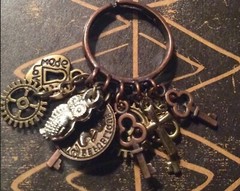 Steampunk Mixed Metal Gear Coin Owl And Key Mini Dangle Charm Ring