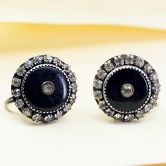 1950s sterling 925 silver earrings round screw back earrings onyx rhinestone
