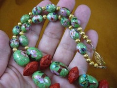 V-281) big Red Cinnabar green Cloisonne gold 41″ Necklace + 4 pairs earrings set