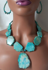Chunky Ocean Blue Imperial Jasper Slab Pendant Statement Necklace Earring Set