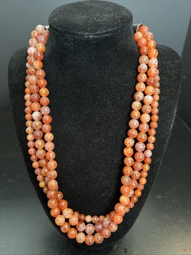 925. Fire Crackle Agate Necklace Beaded 17in-19in Sterling Clasp Marked IL