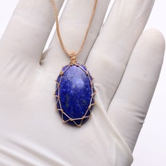 Handmade Natural Lapis Lazuli Cabochon Bohemian Macrame Necklace Healing Pendant