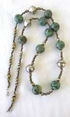 Vintage Artisan Variscite Stone 30″ Necklace 900 Silver & Brass Beads Hook Clasp