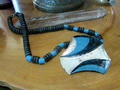 Anita Silverstein Copper Enamel pendant necklace. Wood beads, Blue