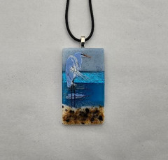 Large Handcrafted Blue Heron/Beach/Ocean Fused Dichroic Glass Pendant