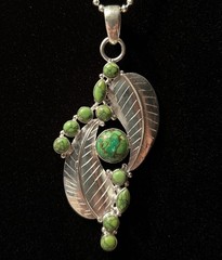 Handmade Turquoise And Sterling Silver Pendant W/Leaves 925 3 3/8” L 1 1/2” W