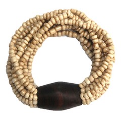 Handcrafted Bone White Beaded 11-Strand Elastic String Bracelet with Wooden Bead