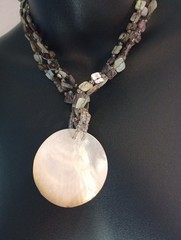 3 Strand Natural Stone Shell Bead Necklace Mother of Pearl Pendant Boho Earthy