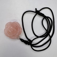 Pink Quartz Carved Rose Flower Necklace with Black Cord