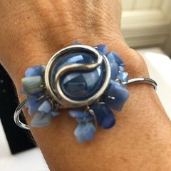 Hawaiian Jewelry Design Blue & Silver 3-piece Bracelet Cluster Ring Earring Set