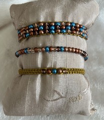 Handcrafted Blue Brown Beaded Bracelet Set Glass Round Boho Stackable Cord