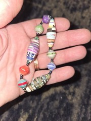 Pair Of Hand Made Beaded Braclets Colored Glass & Paper Wrapped Beads