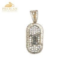 14K Gold «LV» Letters Iced White Pave Stones Greek Key Border Penda (PPG012527)
