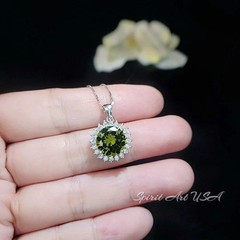 Large Round Peridot Necklace – Sterling Silver Halo 10 mm 4 CT Princess Diana