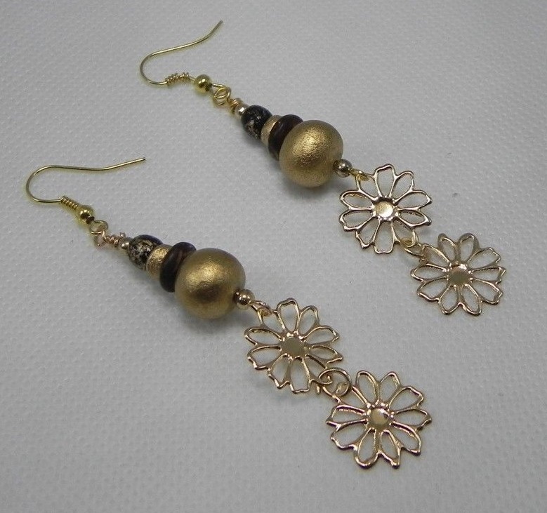 Gold Blue Brown Wooden Beads Flowers Bohemian G.T. 3 1/4″ DROP Hook Earrings
