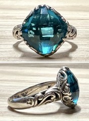 Handmade Artisan Sterling Silver Blue Quartz Scrolled Cocktail Ring, Size 8