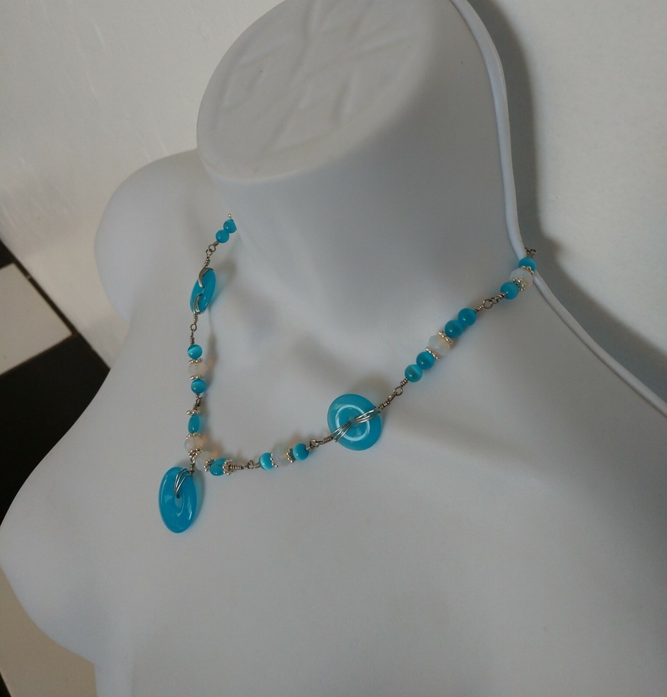 Aqua Beaded Necklace Hand Wrapped Wire Blue and White Beads Handmade Jewelry