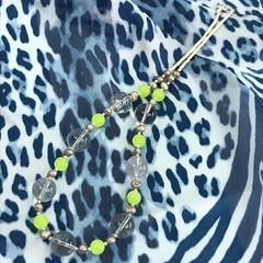 Handmade Necklace Clear Crystal, Neon Green Quartz Round Beads with Gray Pearls